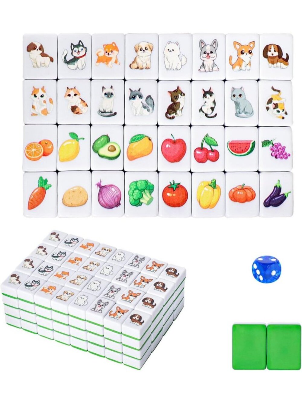 Portable Mahjong Tile Game Set for 4 Players - 128 Green Animal & Food Tiles